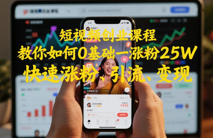 短视频创业课程，教你如何0基础一天涨粉25W，快速涨粉、引流、变现