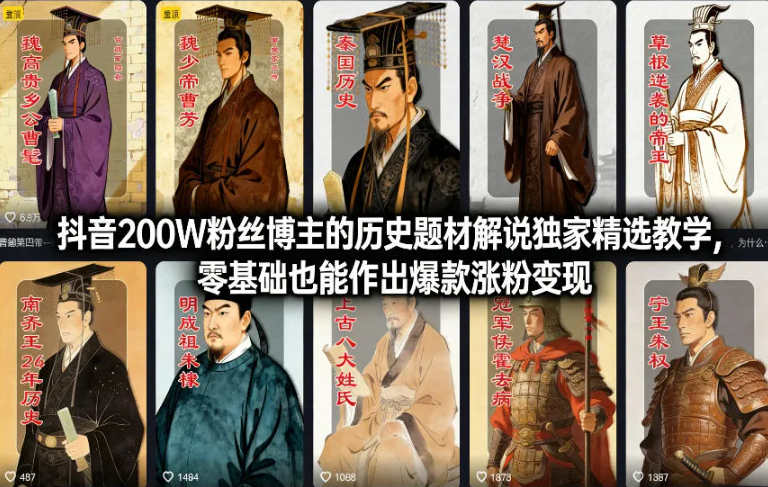 抖音200W粉丝博主的历史题材解说独家精选教学，零基础也能作出爆款涨粉变现