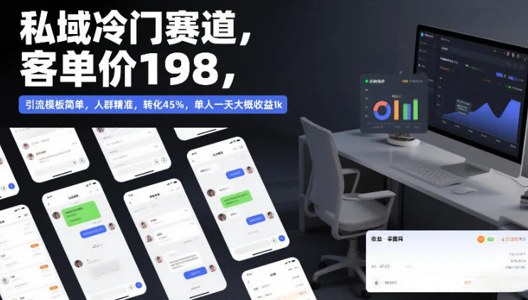 私域冷门赛道，客单价198，引流模板简单，人群精准，转化45%，单人一天大概收益1k