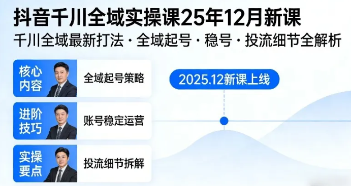 抖音千川全域全域实操课25年12月新课，千川全域最新打法，全域起号，稳号，投流细节全部都有