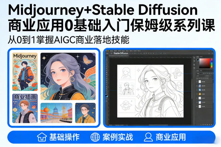 AIGC商业应用Midjourney+Stable Diffusion教程，0基础入门保姆级系列课