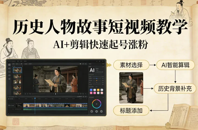 历史人物故事短视频教学，AI+剪辑制作历史人物题材短视频，快速起号涨粉